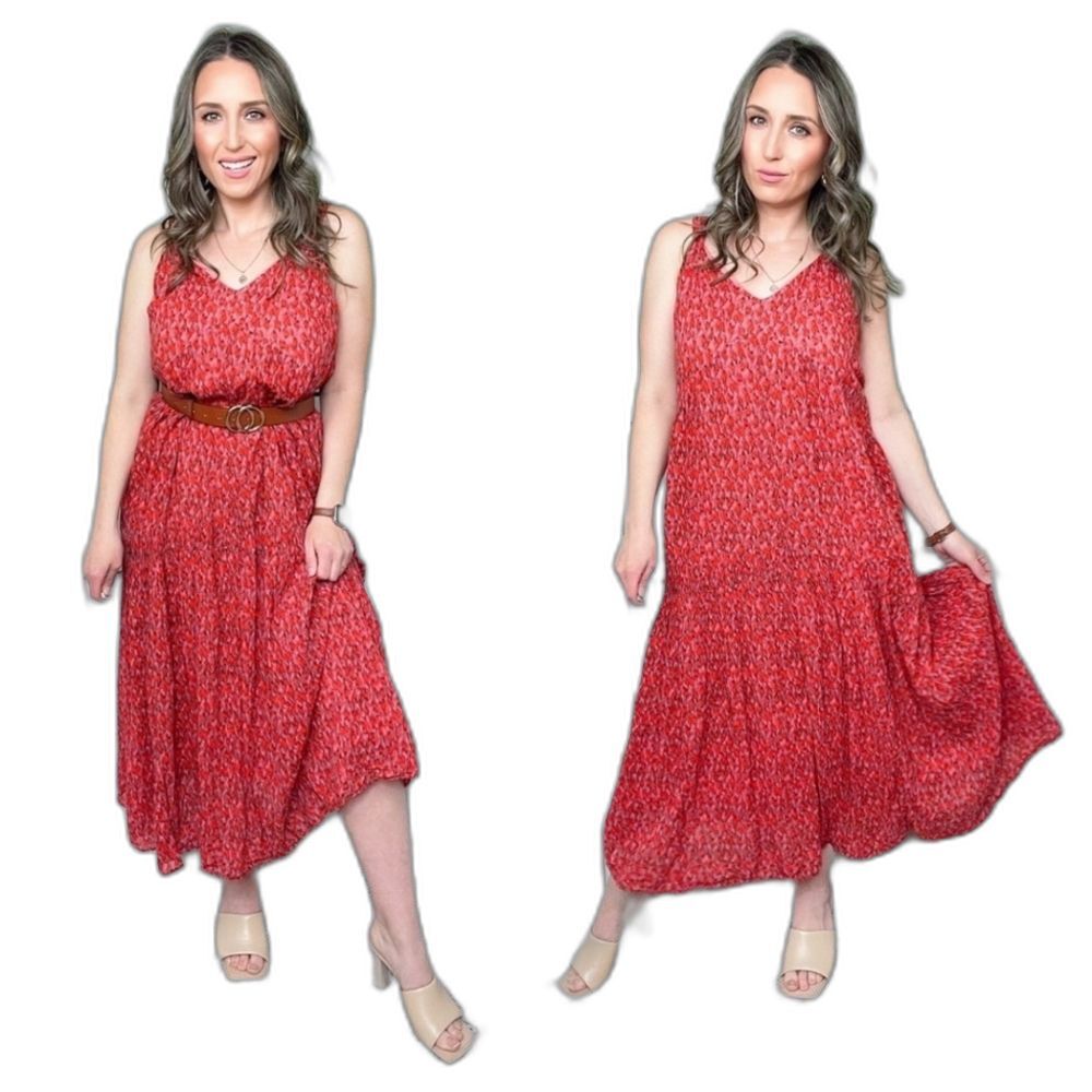 Joie red poppy sleeveless maxi dress, lined 100% cotton casual floral NWT size L